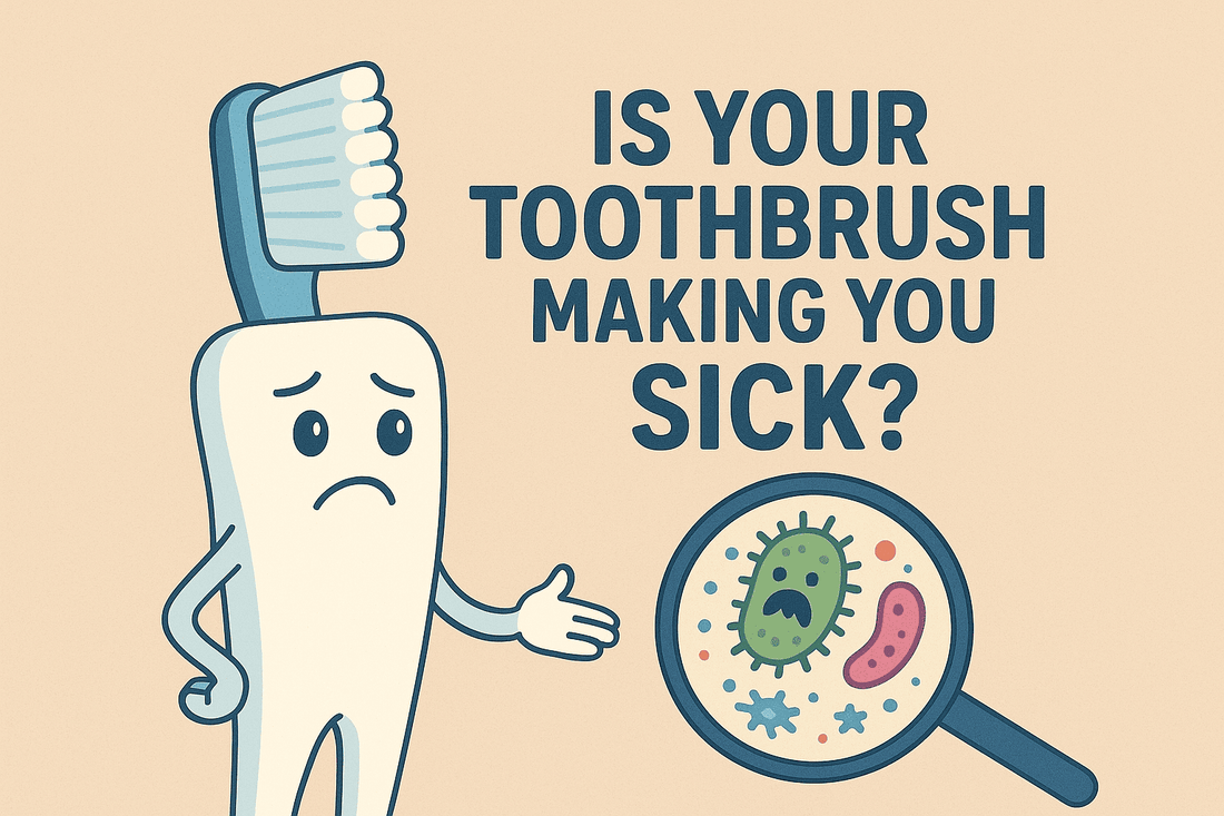 Digital illustration showing contaminated toothbrush with bacteria and germs, representing the health risks of using an unsterilized toothbrush